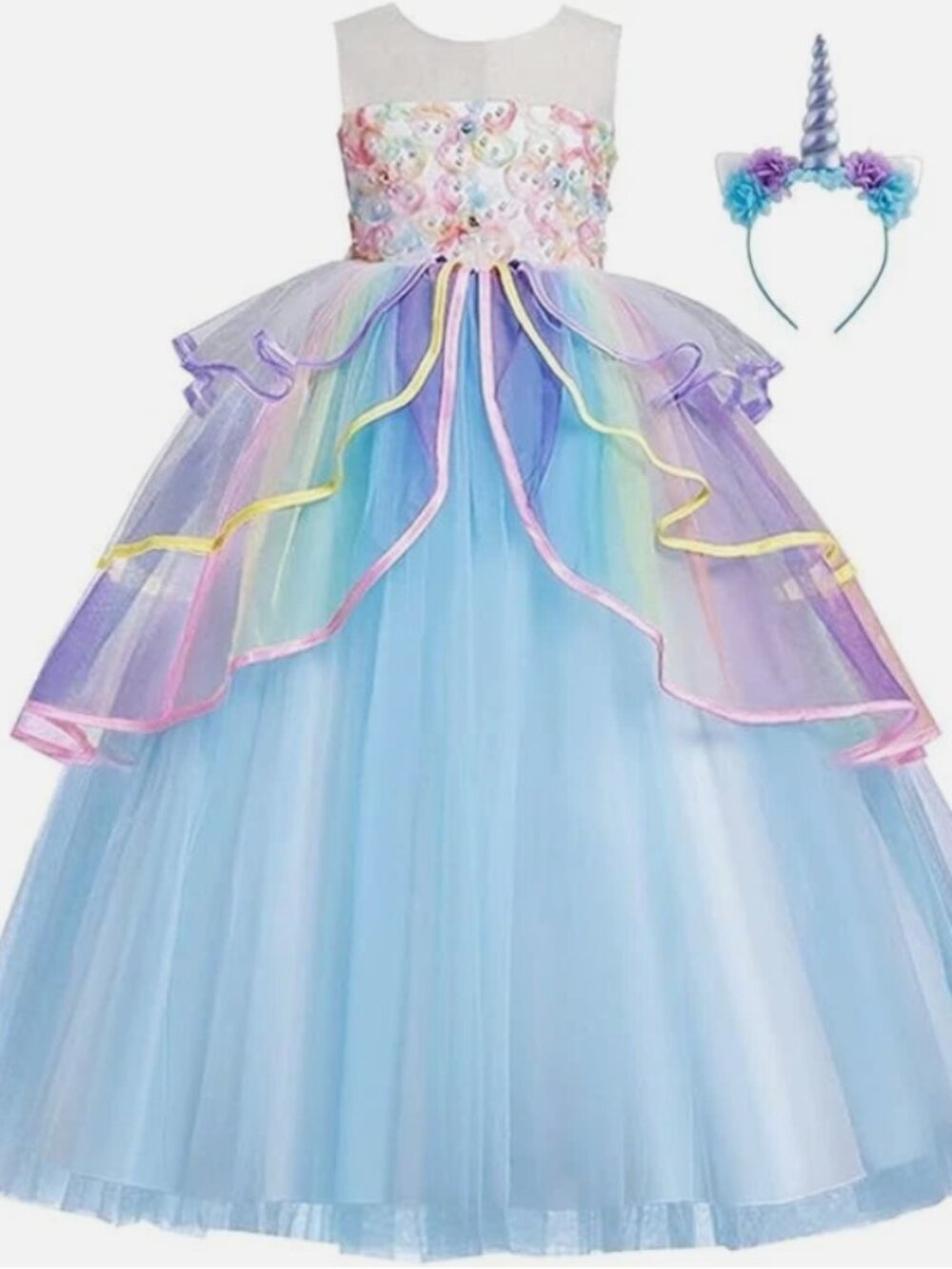 Unicorn Costume Princess Birthday Pageant Party Dress W/ Headband Blue Rainbow